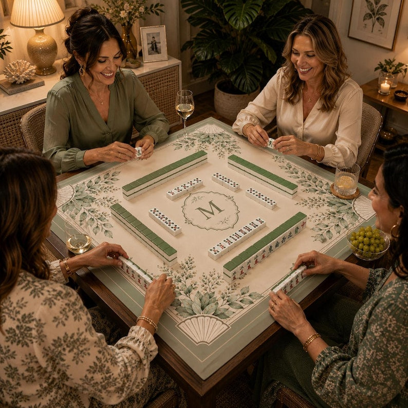 Personalized Sage Botanical Mahjong Mat, Custom Initial American Mahjong Mat, Luxury Neutral Garden Decor
