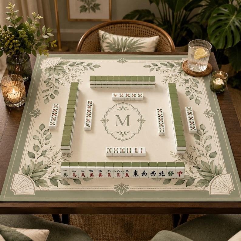 Personalized Sage Botanical Mahjong Mat, Custom Initial American Mahjong Mat, Luxury Neutral Garden Decor