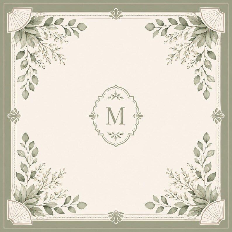 Personalized Sage Botanical Mahjong Mat, Custom Initial American Mahjong Mat, Luxury Neutral Garden Decor