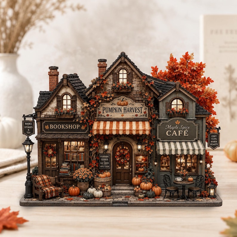 Autumn Village Wooden Block, Pumpkin Harvest Cafe Sign, Cozy Fall Shelf Decor, Book Lover Gift