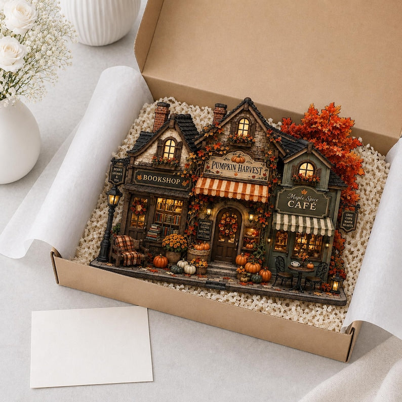 Autumn Village Wooden Block, Pumpkin Harvest Cafe Sign, Cozy Fall Shelf Decor, Book Lover Gift