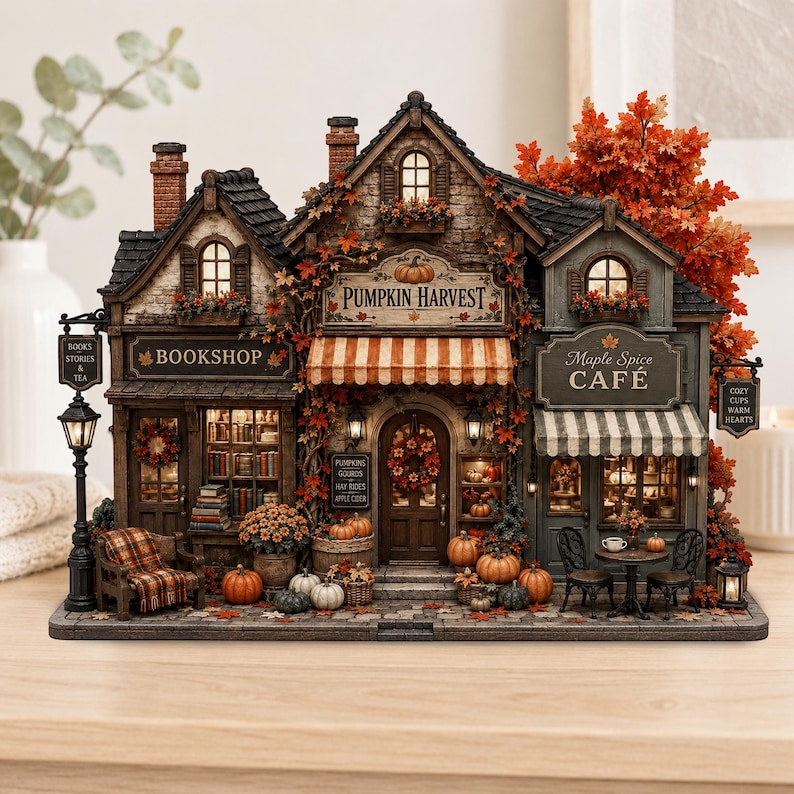 Autumn Village Wooden Block, Pumpkin Harvest Cafe Sign, Cozy Fall Shelf Decor, Book Lover Gift