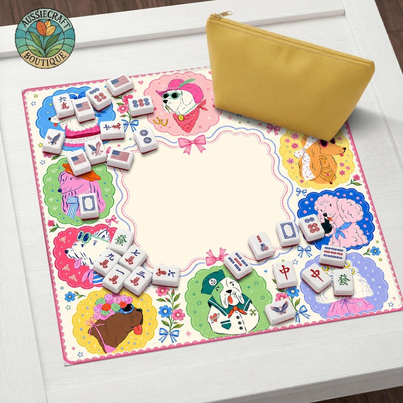 Custom Dog Portrait Mahjong Mat, Whimsical Pet Game Table Runner, American Mahjong Gift