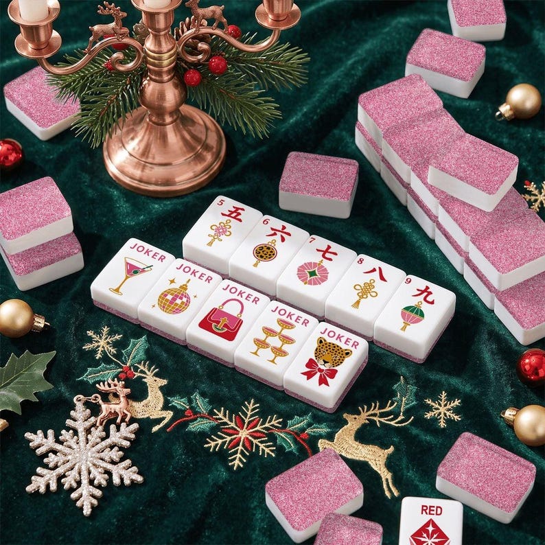 Glitter Glam Holiday Christmas Mahjong Tiles, 4 Colors For You To Choose