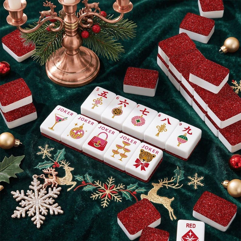 Glitter Glam Holiday Christmas Mahjong Tiles, 4 Colors For You To Choose