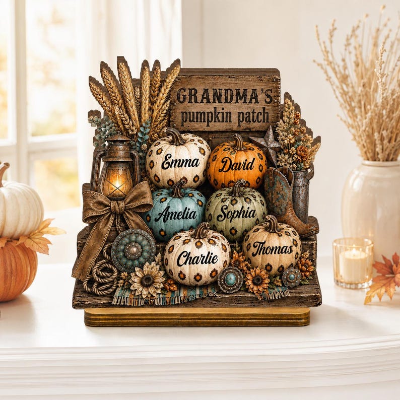 Personalized Grandma’s Pumpkin Patch Plaque, Custom Grandkids Fall Decor, Western Pumpkin Family Sign