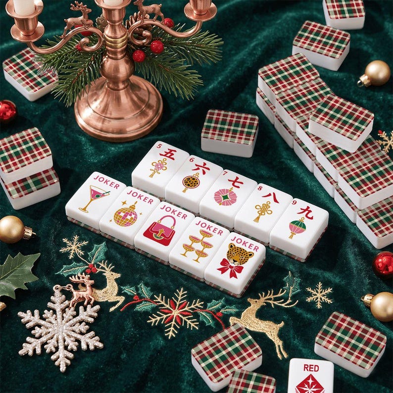 Glam Holiday Christmas Mahjong Tiles, Two Back Design Choice, Botanical or Checker Back Design