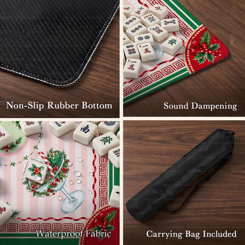 Christmas Cocktail Mahjong Mat, Stripe Holiday Mahj Mat, Festive Holly Martini Game Night Gift, Non-Slip Table Cover
