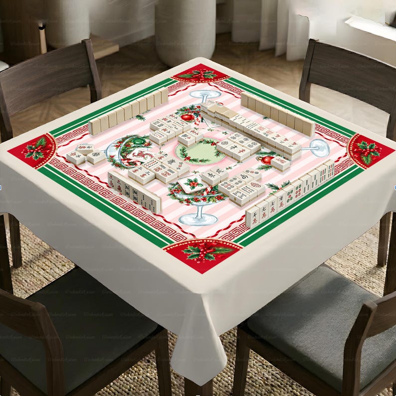 Christmas Cocktail Mahjong Mat, Stripe Holiday Mahj Mat, Festive Holly Martini Game Night Gift, Non-Slip Table Cover