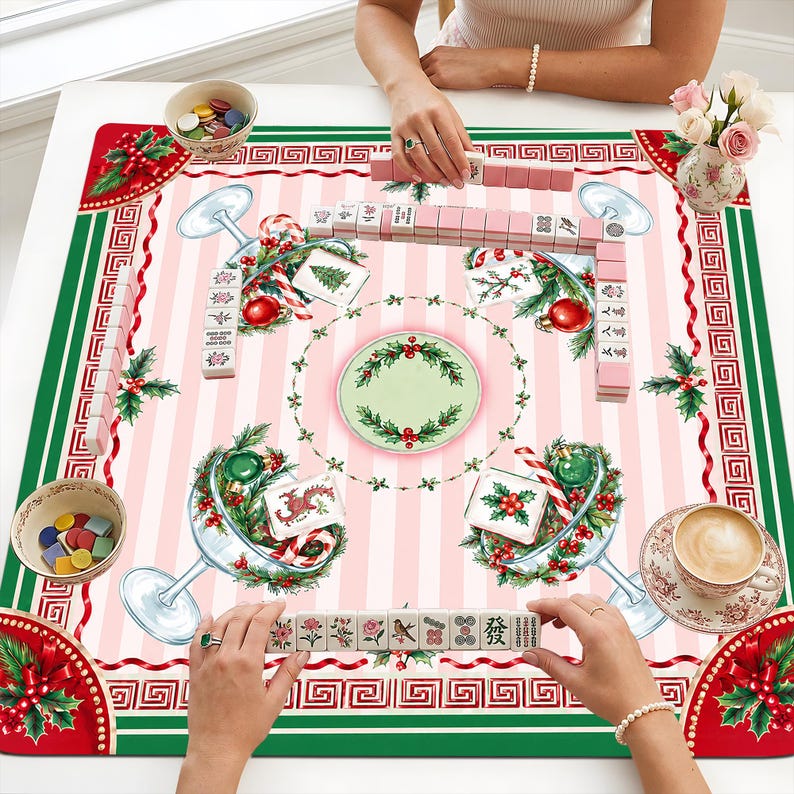 Christmas Cocktail Mahjong Mat, Stripe Holiday Mahj Mat, Festive Holly Martini Game Night Gift, Non-Slip Table Cover