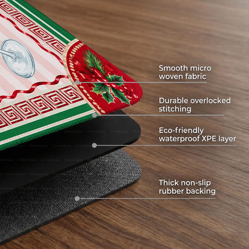 Christmas Cocktail Mahjong Mat, Stripe Holiday Mahj Mat, Festive Holly Martini Game Night Gift, Non-Slip Table Cover