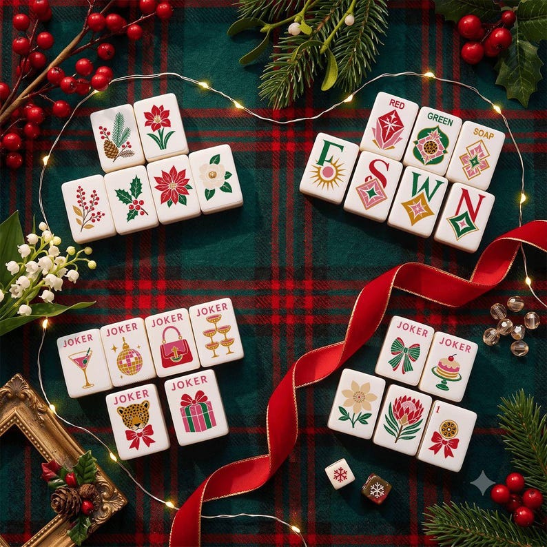 Christmas Mahjong Tiles Set, Holiday Mahjong Game, Festive American Mahjong Tiles, Plaid Tile Backs