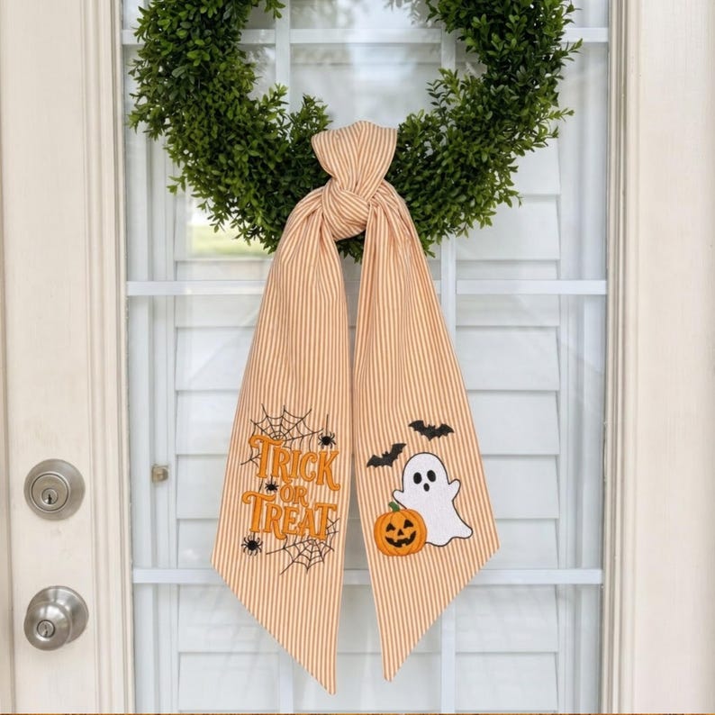 Embroidered Ghost Wreath Sash, Trick or Treat Striped Ribbon, Scalloped Lace Edge Halloween Door Sash