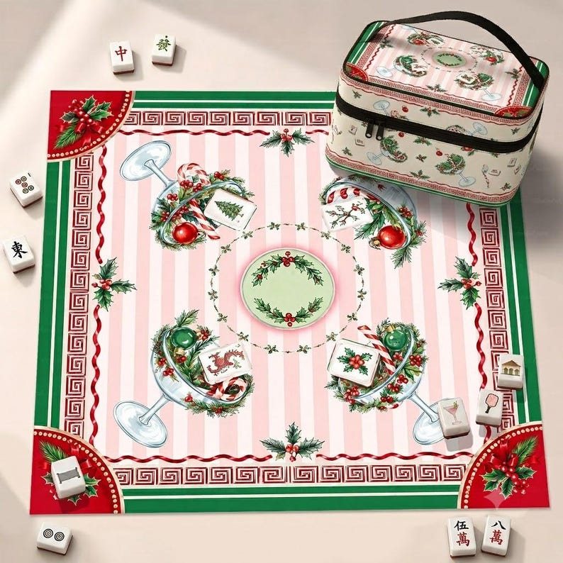 Christmas Cocktail Mahjong Mat, Stripe Holiday Mahj Mat, Festive Holly Martini Game Night Gift, Non-Slip Table Cover
