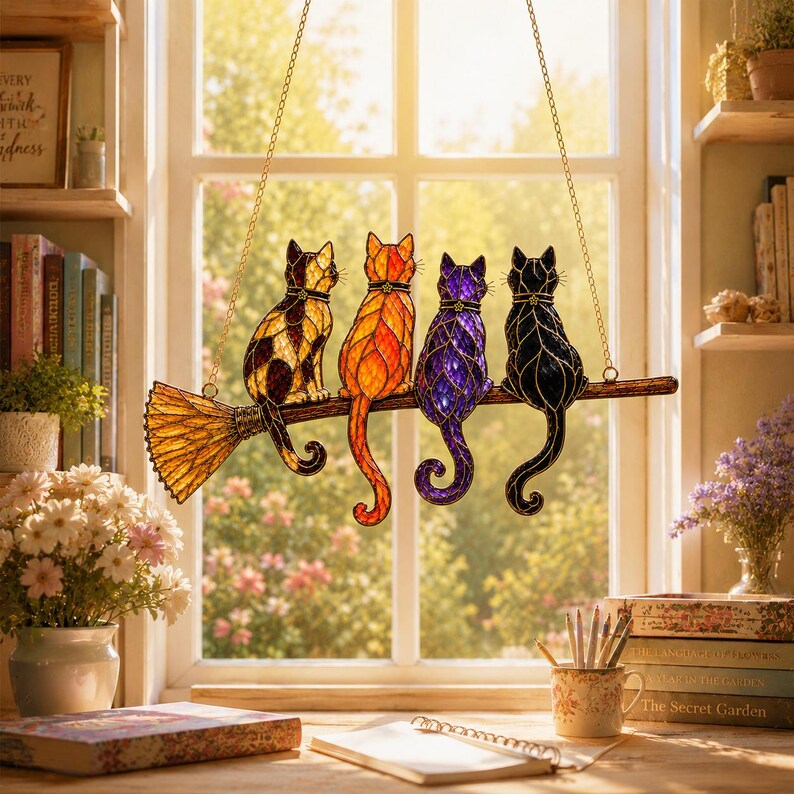 Cats on Broom Suncatcher Window Hanging, Witchy Halloween Garden Decor, Cat Lover Gift