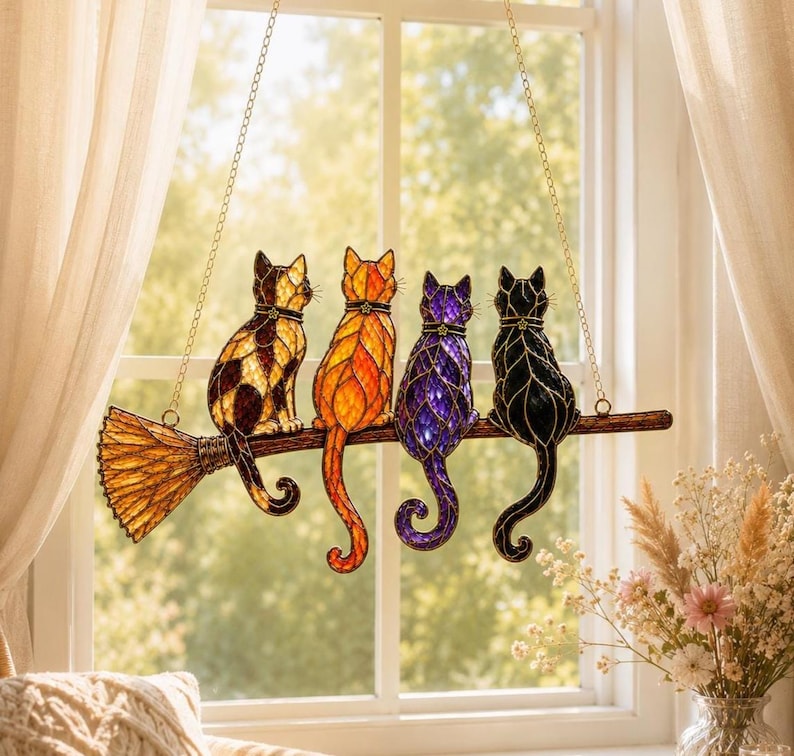 Cats on Broom Suncatcher Window Hanging, Witchy Halloween Garden Decor, Cat Lover Gift