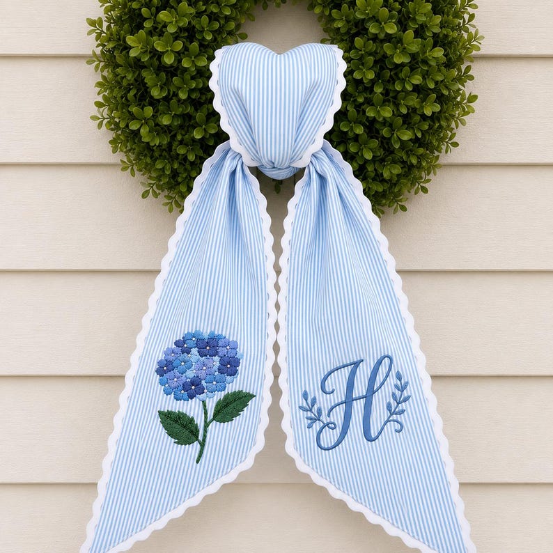 Custom Embroidery Hydrangea Wreath Sash, Personalize Monogram Bow Wedding Decor, Ticking Stripe Front Porch Wreath Bow