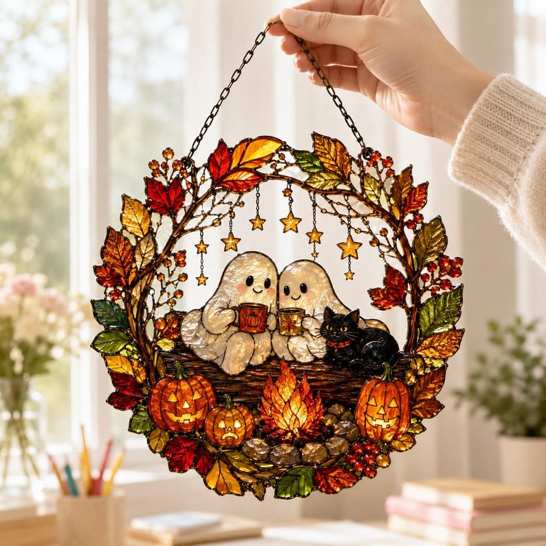Halloween Ghost Acrylic Suncatcher, Cozy Campfire Window Hanging With Black Cat, Pumpkins and Autumn Leaves