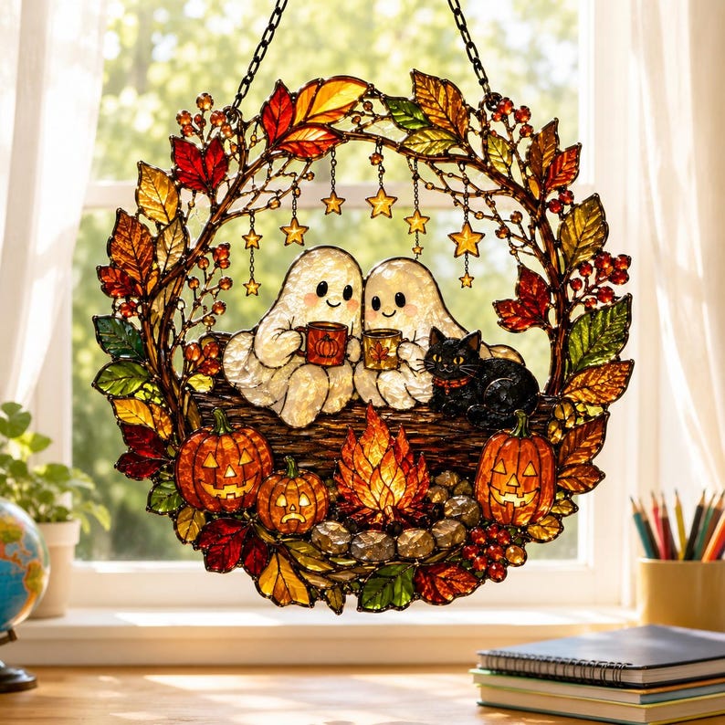 Halloween Ghost Acrylic Suncatcher, Cozy Campfire Window Hanging With Black Cat, Pumpkins and Autumn Leaves