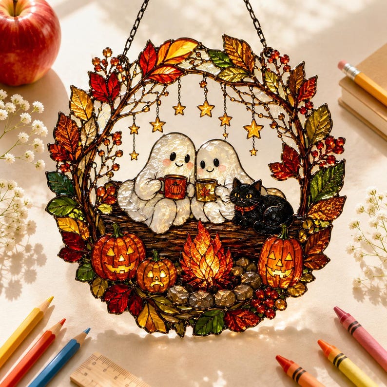 Halloween Ghost Acrylic Suncatcher, Cozy Campfire Window Hanging With Black Cat, Pumpkins and Autumn Leaves