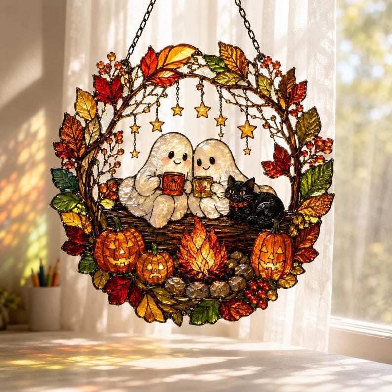 Halloween Ghost Acrylic Suncatcher, Cozy Campfire Window Hanging With Black Cat, Pumpkins and Autumn Leaves