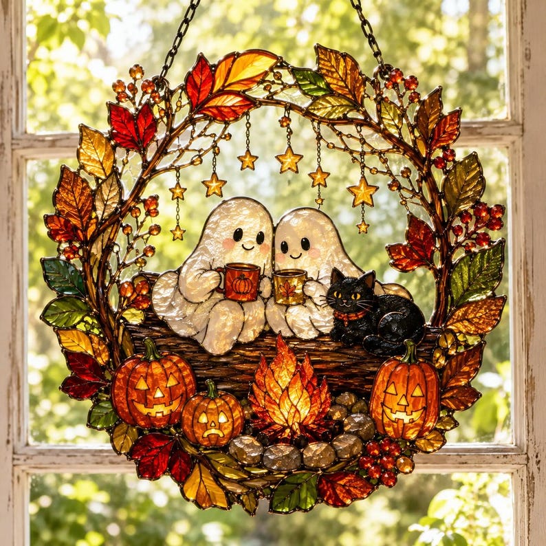 Halloween Ghost Acrylic Suncatcher, Cozy Campfire Window Hanging With Black Cat, Pumpkins and Autumn Leaves