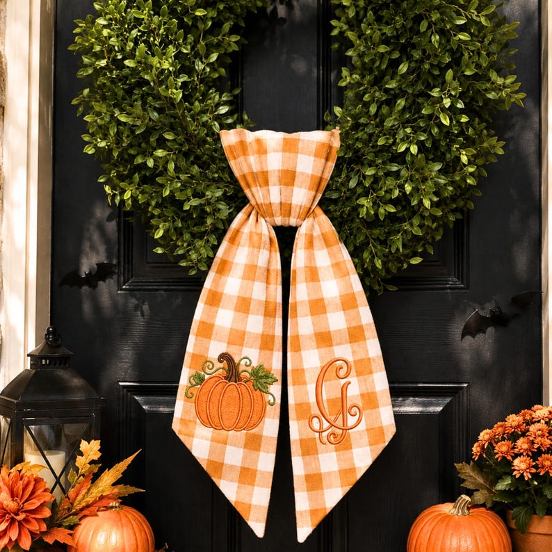 Personalized Pumpkin Wreath Sash, Embroidered Fall Monogram Gingham Door Bow, Thanksgiving Decor