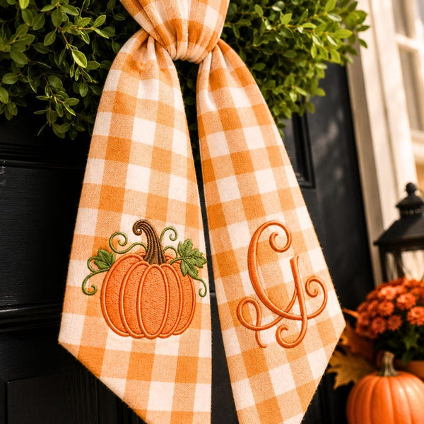 Personalized Pumpkin Wreath Sash, Embroidered Fall Monogram Gingham Door Bow, Thanksgiving Decor