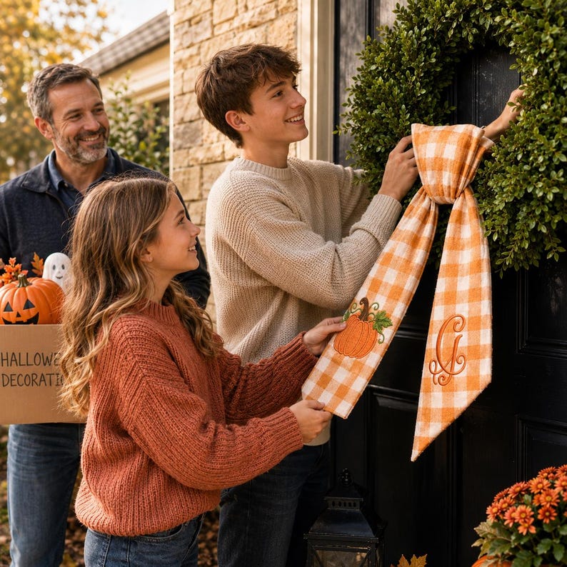 Personalized Pumpkin Wreath Sash, Embroidered Fall Monogram Gingham Door Bow, Thanksgiving Decor
