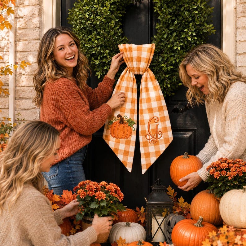 Personalized Pumpkin Wreath Sash, Embroidered Fall Monogram Gingham Door Bow, Thanksgiving Decor