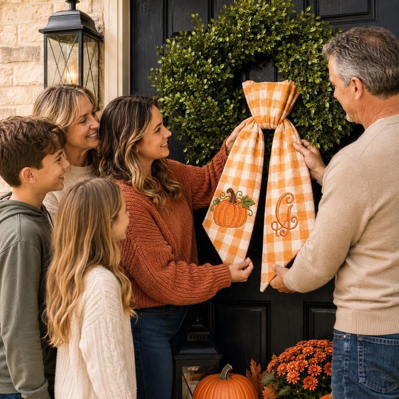 Personalized Pumpkin Wreath Sash, Embroidered Fall Monogram Gingham Door Bow, Thanksgiving Decor