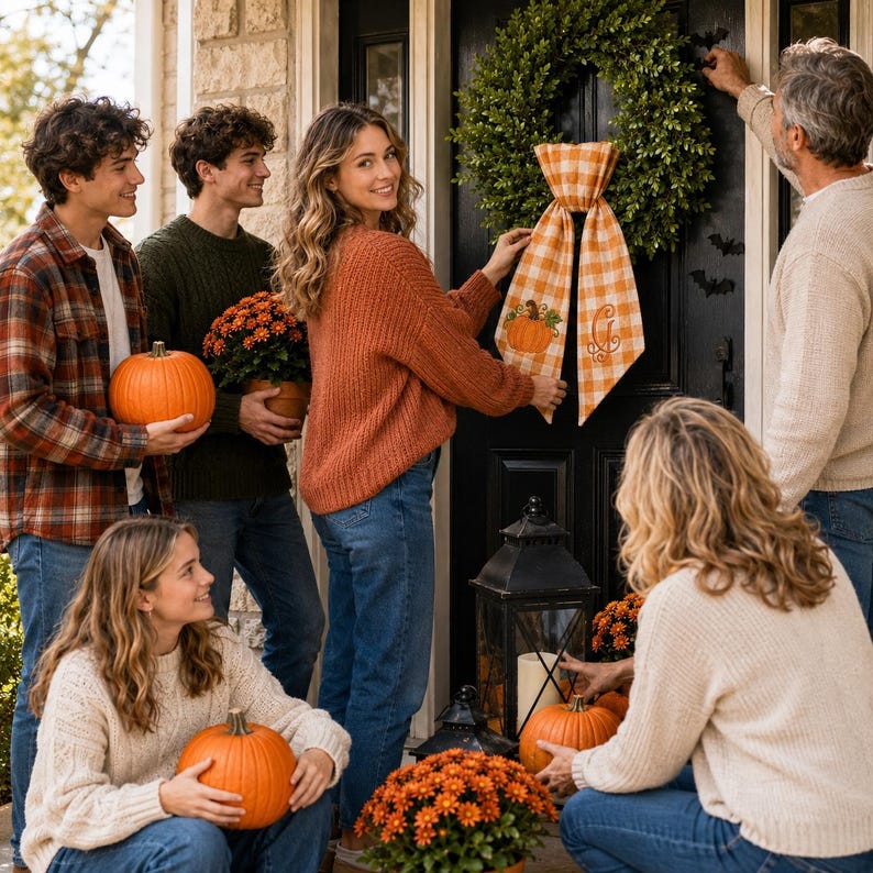 Personalized Pumpkin Wreath Sash, Embroidered Fall Monogram Gingham Door Bow, Thanksgiving Decor