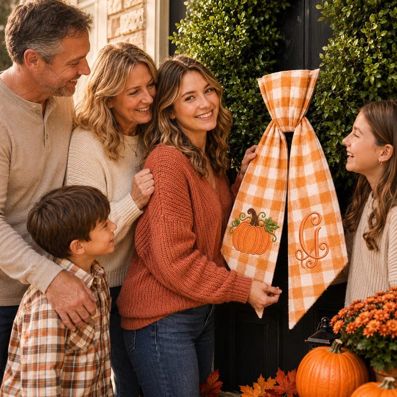 Personalized Pumpkin Wreath Sash, Embroidered Fall Monogram Gingham Door Bow, Thanksgiving Decor