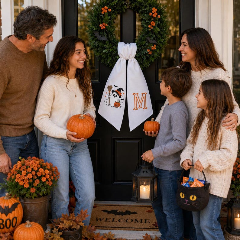 Custom Embroidered Witch Ghost Halloween Wreath Sash, Monogrammed Fall Decor, Pumpkin Bow For Wreath