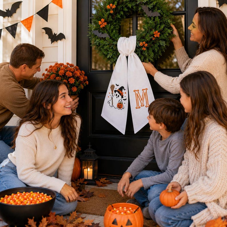 Custom Embroidered Witch Ghost Halloween Wreath Sash, Monogrammed Fall Decor, Pumpkin Bow For Wreath