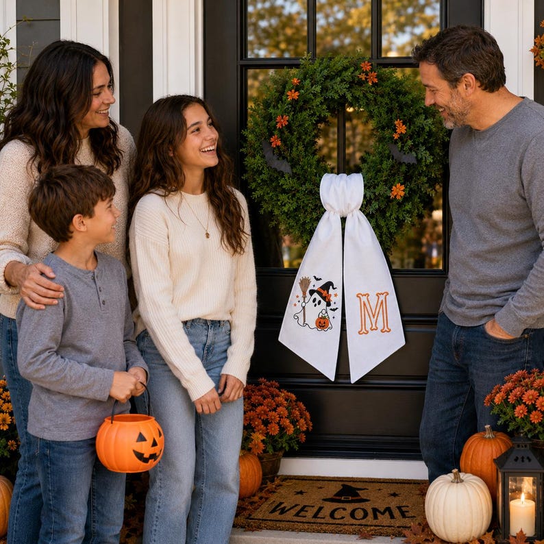 Custom Embroidered Witch Ghost Halloween Wreath Sash, Monogrammed Fall Decor, Pumpkin Bow For Wreath