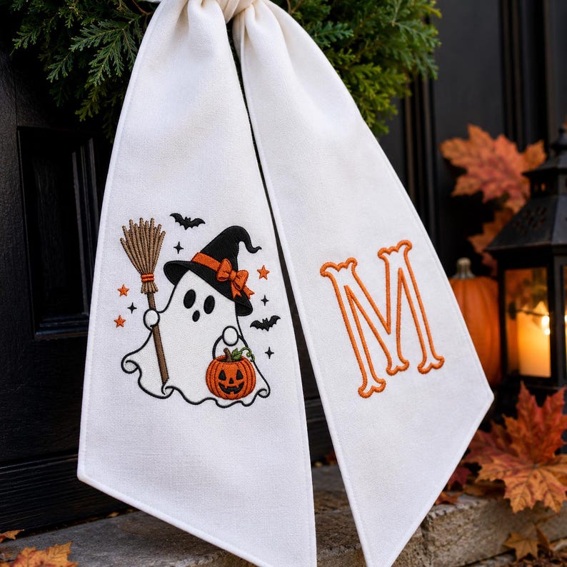 Custom Embroidered Witch Ghost Halloween Wreath Sash, Monogrammed Fall Decor, Pumpkin Bow For Wreath