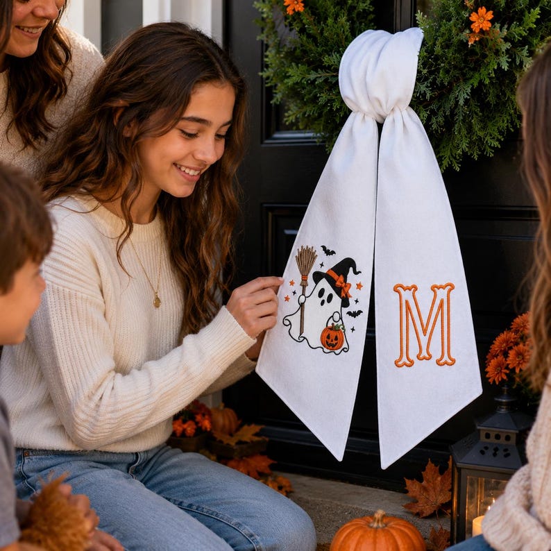 Custom Embroidered Witch Ghost Halloween Wreath Sash, Monogrammed Fall Decor, Pumpkin Bow For Wreath