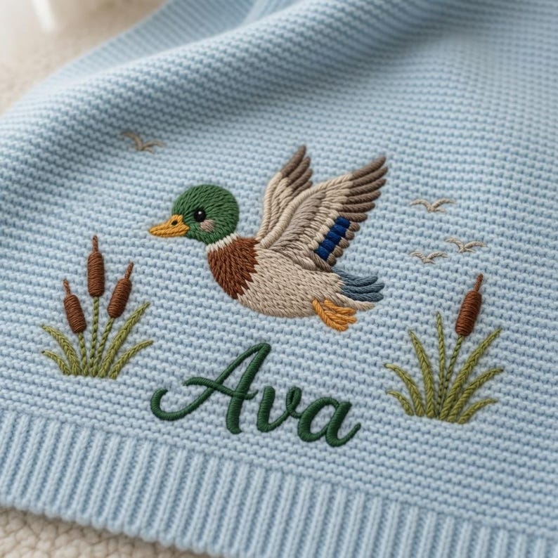 Custom Mallard Duck Embroidered Baby Blanket, Personalized Name Animal Safari Knit Throw, Hunting Wooden Lover Keepsake