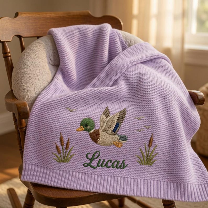 Custom Mallard Duck Embroidered Baby Blanket, Personalized Name Animal Safari Knit Throw, Hunting Wooden Lover Keepsake