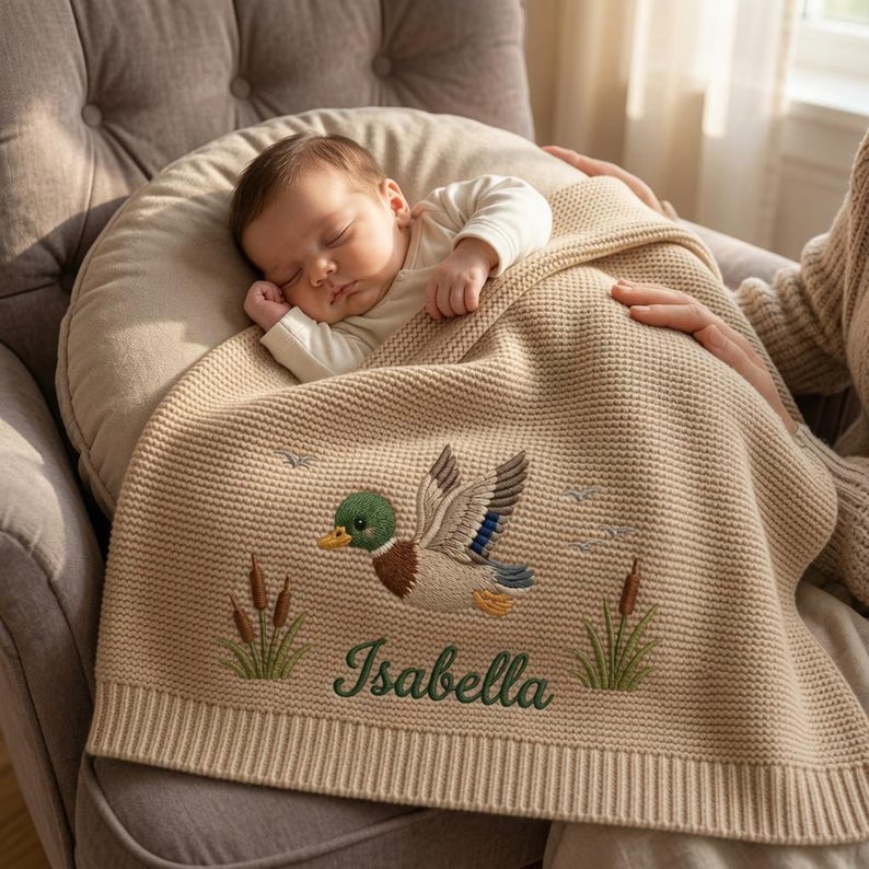 Custom Mallard Duck Embroidered Baby Blanket, Personalized Name Animal Safari Knit Throw, Hunting Wooden Lover Keepsake