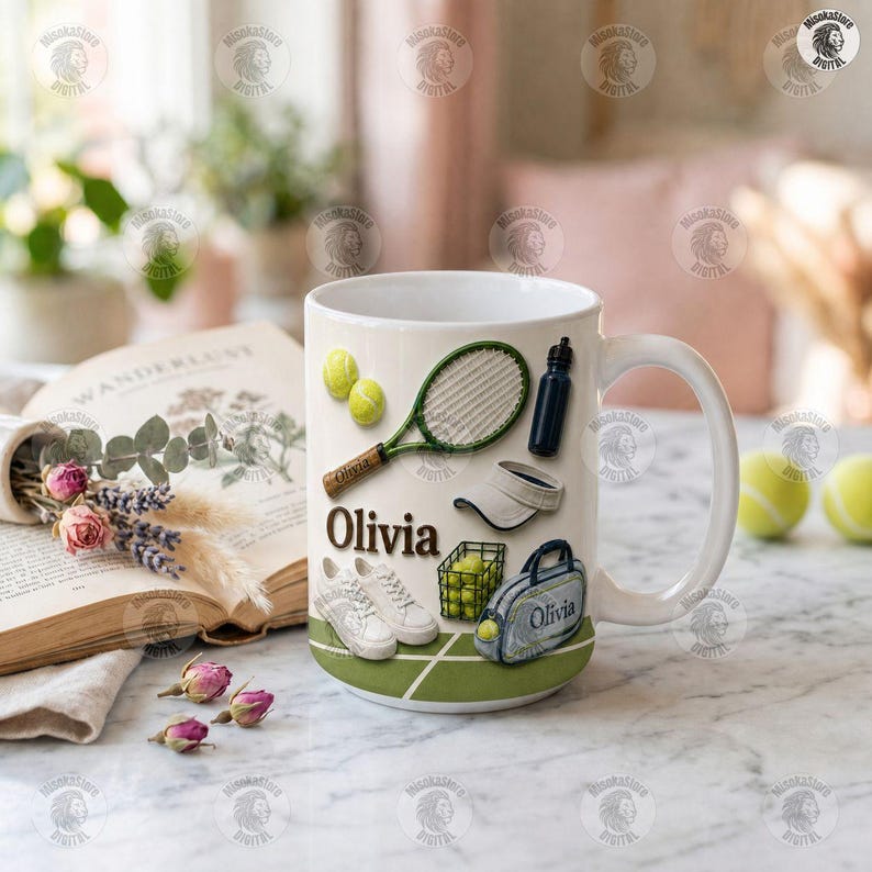 Tennis Racket Name Court Mug, Green Ball Visor Coffee Mug, Tennis Player Gear Bag Mug, Sport Court Sneaker Mug