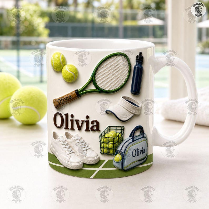 Tennis Racket Name Court Mug, Green Ball Visor Coffee Mug, Tennis Player Gear Bag Mug, Sport Court Sneaker Mug