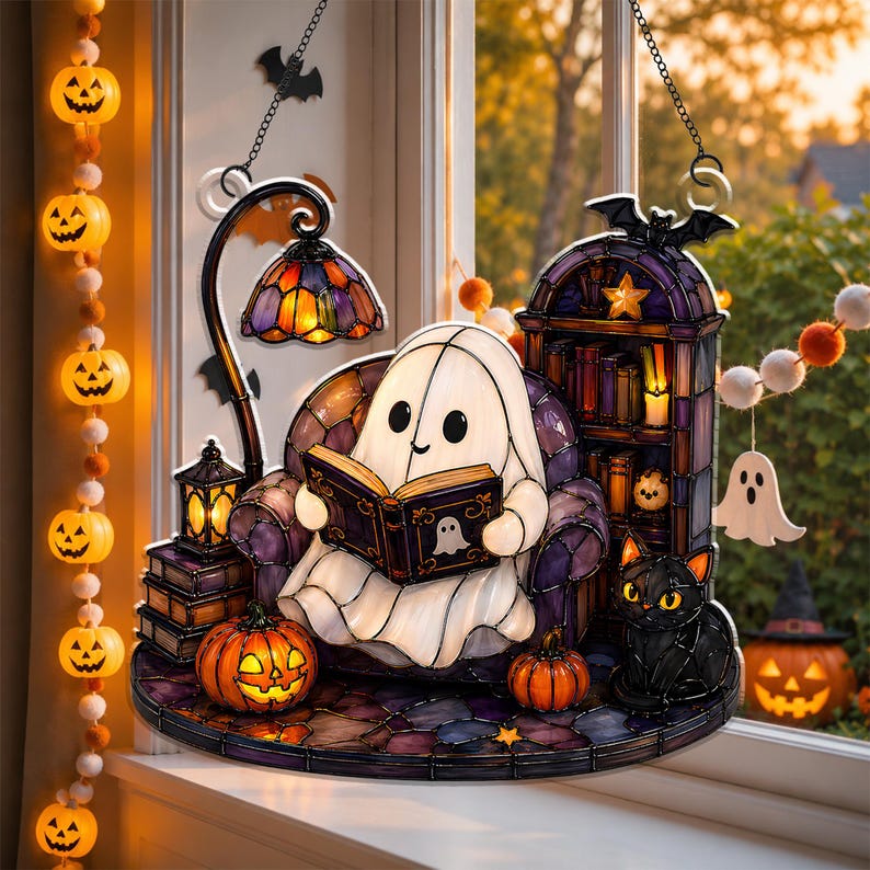 Cute Ghost Reading Book Acrylic Ornament, Halloween Window Hanging, Cat Lover Gift, Book Lover Gift