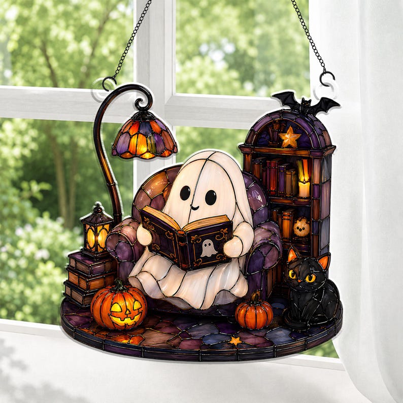 Cute Ghost Reading Book Acrylic Ornament, Halloween Window Hanging, Cat Lover Gift, Book Lover Gift