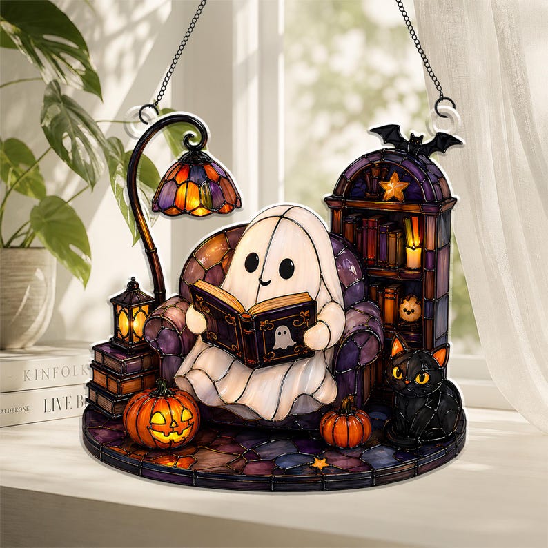 Cute Ghost Reading Book Acrylic Ornament, Halloween Window Hanging, Cat Lover Gift, Book Lover Gift