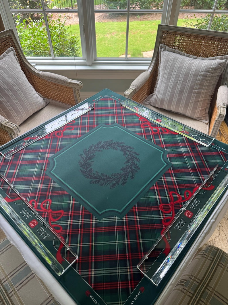 Evergreen & Tartan Mahjong Mat, Holiday with Red Ribbon Bows, Christmas Game Table Decor, Preppy Holiday Mahjong Gift