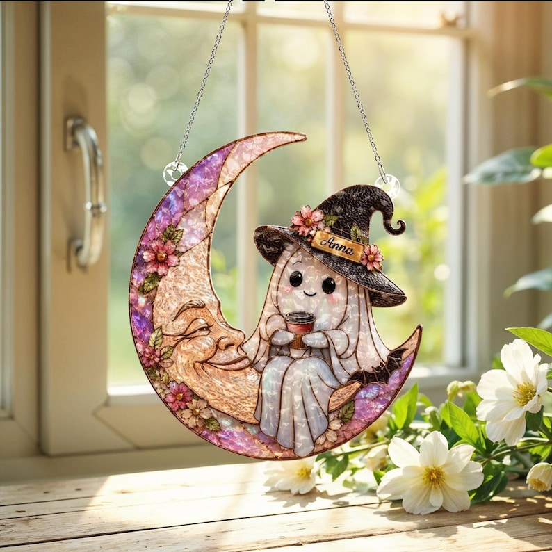 Custom Name Boo Coffee Suncatcher, Personalized Halloween Decor, Cute Ghost Ornament, Gift for Coffee Lover