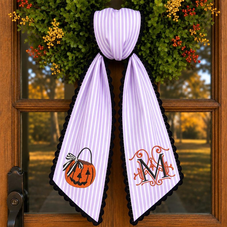 Personalized Halloween Wreath Sash, Embroidered Ghost Door Decor, Seersucker Stripe Monogram Ribbon