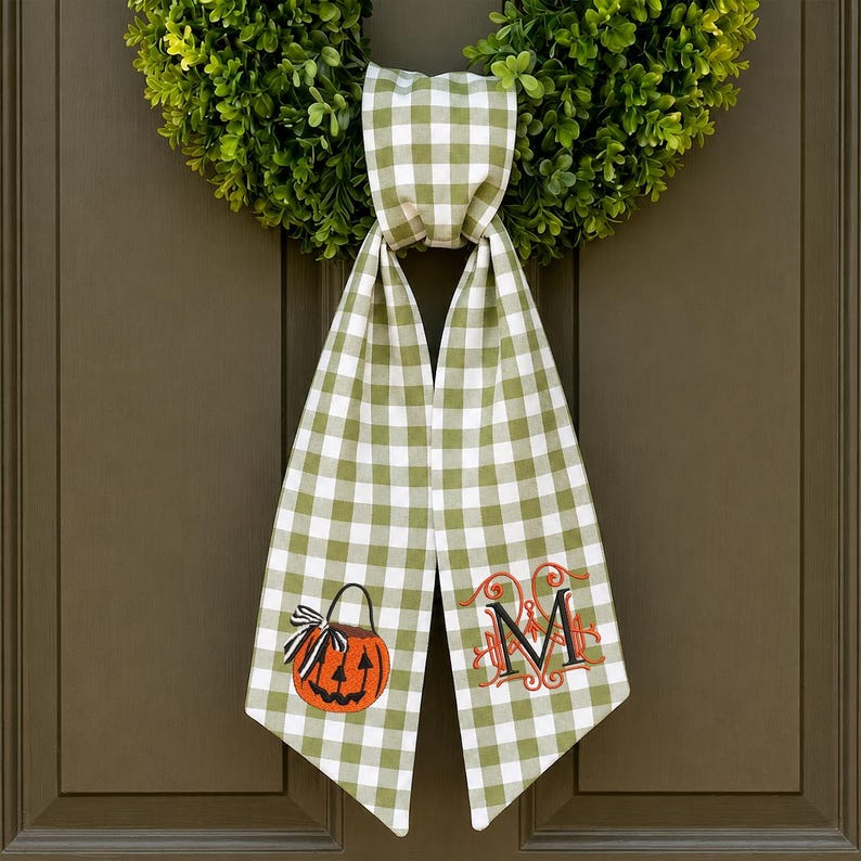 Personalized Halloween Wreath Sash, Embroidered Ghost Door Decor, Seersucker Stripe Monogram Ribbon